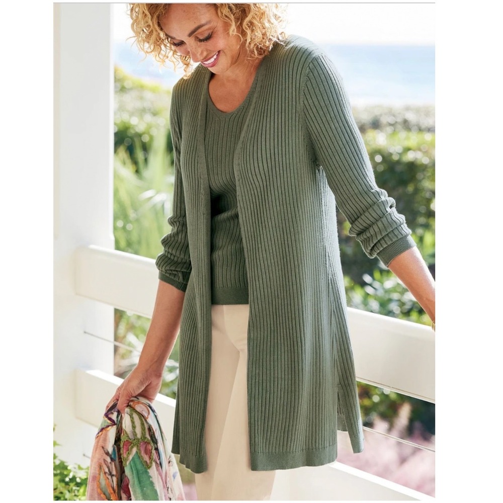 Soft Surroundings Olive Ribbed Open Front Longline Cardigan Size M 2GF37